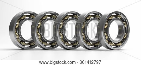 Ball Bearing, Metal Spare Part Isolated On White. Mechanism, Transport Concept. 3D Illustration