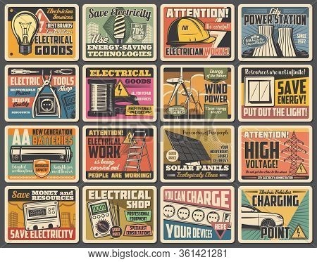 Electricity, Energy And Power Industry Vintage Vector Plates. Power Plant, Wind Turbine And Solar En