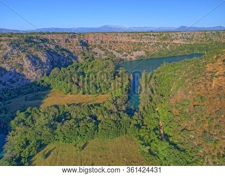 Aerial View Of The Krka River Canyon Located Downstream Of Bilusic Buk On The Exit From Of In Promin