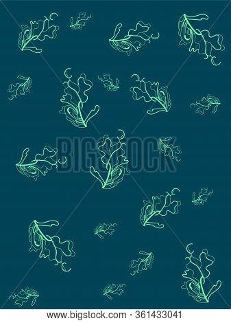 Abstract Dark Blue Background With Neon Leaves.