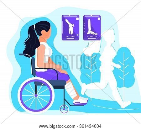 Disabled Girl With Broken Leg. Sport Trauma Concept Vector. Woman In A Wheelchair And Dreaming About