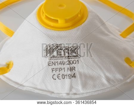 Kyiv, Ukraine - April 16, 2020: Face Shield, Level Ffp1 - Werk En149-2001. Not Suitable For Protecti