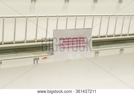 Close Up Of Sign At Grocery Store During Covid-19 Corona Virus Pandemic - Limiting 1 Or 2 Products P