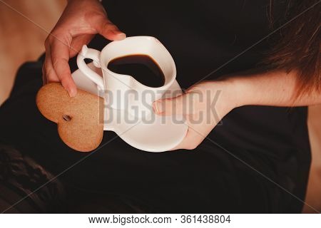 Elegant Part Body Woman In Black Holding Cake Cupcake And Coffee In White Heart Shaped Cup Mug On Sa