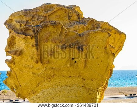 Stunning Rock Erosion Formations Along Beach In Bolnuevo, Near Mazarron. Natural Sandstone Shapes. M
