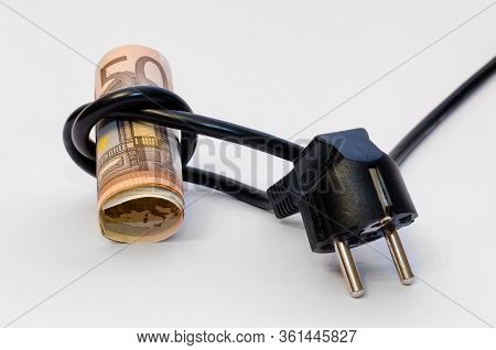 Fifty Euro Money Closed By An Electric Cable With Plug And White Background