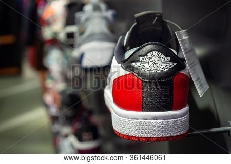 Minsk, Belarus - December 13, 2019: Air Jordan Logo On Sneakers On A Mall Shelf.