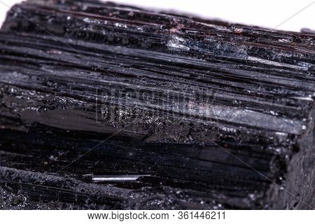 Macro Mineral Stone Sherle, Schorl, Black Tourmaline On White Background
