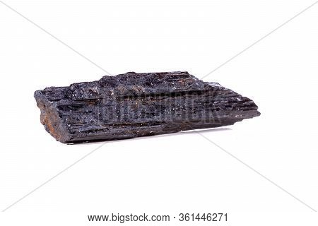 Macro Mineral Stone Sherle, Schorl, Black Tourmaline On White Background