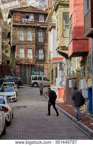 Istanbul, Turkey - February 12, 2020: Kiremit Street In Balat Neighborhood Or Jewish Quarter Of Fati