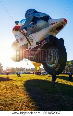 Mondovì, Italy - January 5, 2019: Very Big Hot-air Balloon Shaped Like A Motorbike, Just Before The 