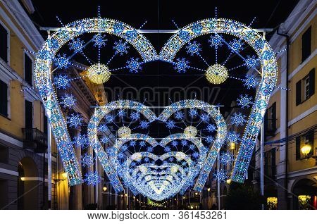 Cuneo, Italy - July 12, 2019: A Light And Music Performance At Night During Cuneo Illuminata (illumi