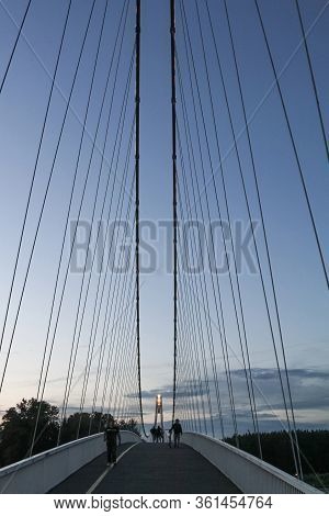 Osijek, Croatia - June 4, 2016: Pedestrian Suspension Bridge With A Bicyle Lane Connecting The Two S