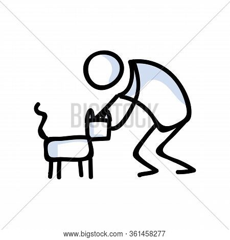 Cute Stick Figure Petting A Cat Lineart Icon. Kawaii Kitten Pictogram For Pet Parlor. Communication 