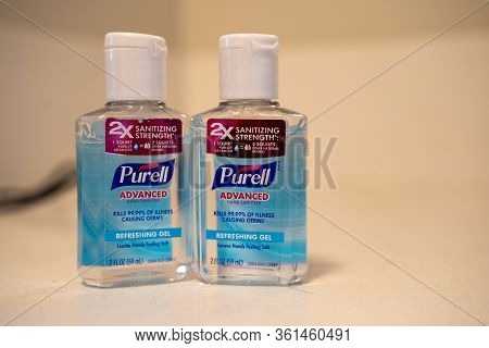 Maple Grove, Minnesota - April 15, 2020: Two Purell Advanced Hand Sanitizer Bottles Sit On A Counter