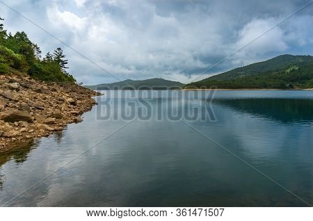 Mountain Lake Landscape. Nozori Lake, Dam Surrounded By Mountains. Gumna, Japan