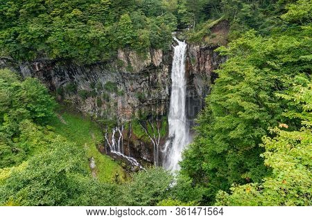 Waterfall In The Green Summer Forest Landscape. Kegon Falls In Nikko, Japan