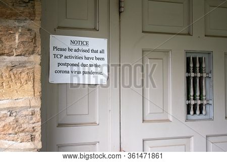 Elkins Park, Pennsylvania - April 14th, 2020: A Sign On A Door States All Tcp Activities Are Postpon