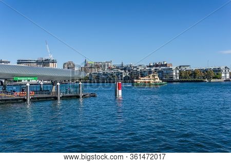 Sydney, Australia - July 23, 2017: Barangaroo Wharf, Ferry Station With Sydney Transport Ferry In Th