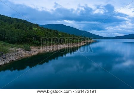 Mountain Lake Landscape. Nozori Lake, Dam Surrounded By Mountains. Gumna, Japan
