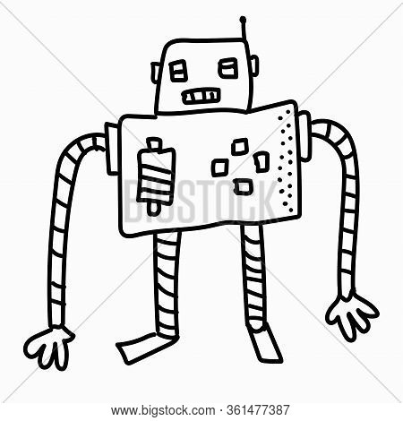 Cartoon Robot Isolated On White, Hand Drawn Vector Illustration, Doodle Style Picture. Sketch Design