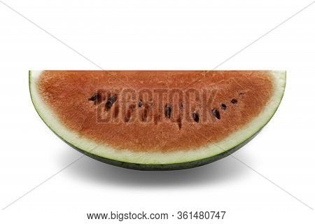 Organic Watermelon In A Piece Of Cut Lengthwise On White Isolated Background With Clipping Path. Rip