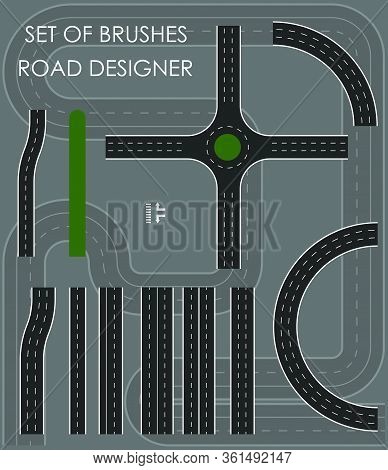 Set Of Brushes. Constructor Of Road Sections With Marking Lines. Crossroads. Set Of Elements For Des