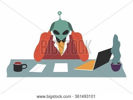 Alien Brainstorming On Business Task, Workplace Of Space Invader