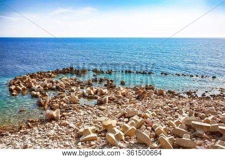 Huge Boulders On The Beach In Petrovac Bay, On The Coast In Montenegro Location: Petrovac Town, Mont