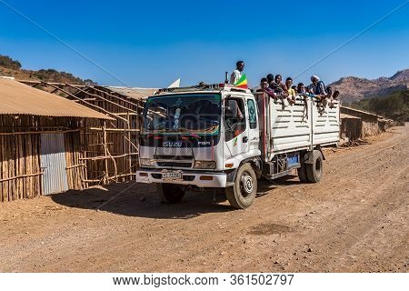Aksum, Ethiopia - Feb 08, 2020: Ethiopian People On The Road From Axum To The Simien Mountains, Nort