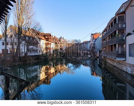 Nuremberg, Germany - January 01, 2020: River Pegnitz In Nuremberg, View From Sight Henkersteg In The