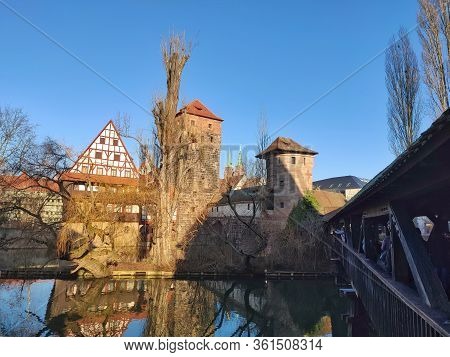 Nuremberg, Germany - January 01, 2020: River Pegnitz In Nuremberg, View From Sight Henkersteg In The