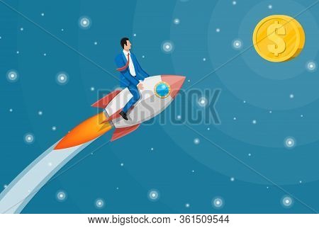 Successful Business Man Flying On Rocket On Graph Going Up To Target. Businessman On Flying Space Sh