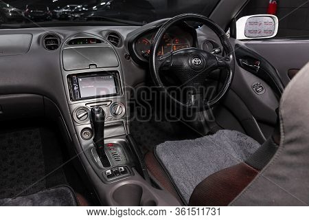 Novosibirsk/ Russia - April 11, 2020: Toyota Celica, Steering Wheel, Shift Lever, Multimedia  System
