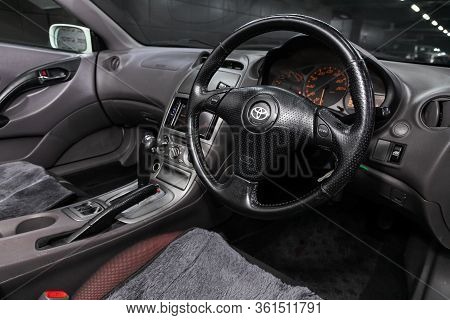 Novosibirsk/ Russia - April 11, 2020: Toyota Celica, Steering Wheel, Shift Lever, Multimedia  System