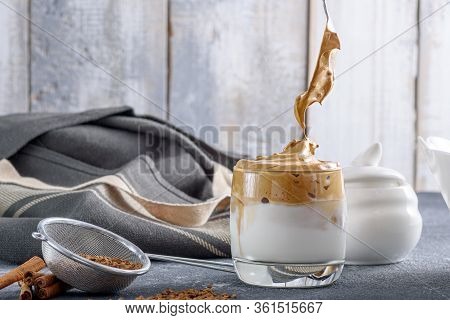 Making Korean Coffee, Dalgona Coffee On Grey Kitchen Table, Iced Coffee Concept