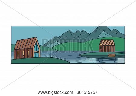 Scandinavian Northern Mountain Landscape. Modern Country House. Island House, Lake.flat Minimal Line