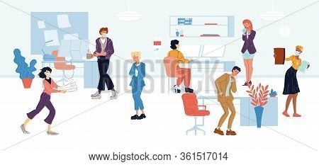 Workers, Employees, Managers In Medical Masks Sitting At Computer Desks, Carrying Papers, Cup, Going