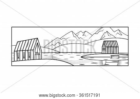 Scandinavian Northern Mountain Landscape. Modern Country House. Island House, Lake.flat Minimal Line