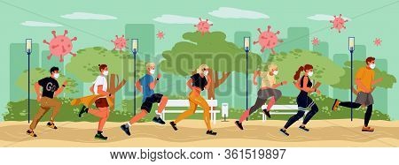 Sport Stay Health Keep Strong Body To Protect Virus Pandemic. People Crowd In Protective Medical Mas