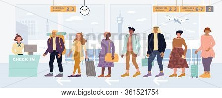 Multiracial Men, Women Standing In Queue To Check In, Drop Off Luggage At International Airport. Peo