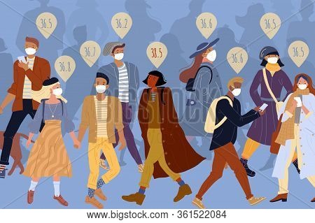 Healthy People Crowd In Protective Medical Face Mask Walking On Street. Sick Woman Without Respirato