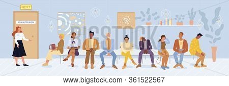 Multiracial Men, Women, Graduated Sitting On Bench In Queue, Waiting For Job Interview, Speaking By 