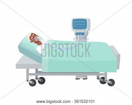Old Man In Hospital Bed With Oxygen Mask And Ventilator