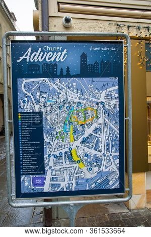 Chur, Switzerland - 21 December 2019 - Infographic Map Sign Of Old City's Famous Places Of Chur, Swi