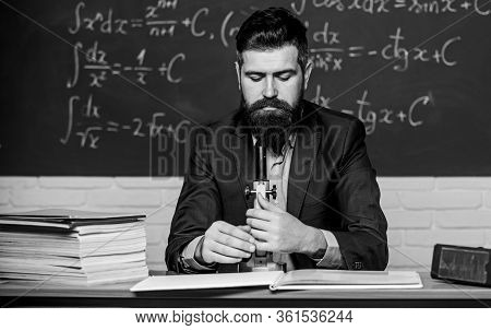 On Way To Success. Teacher Work With Microscope. Science Concept. Scientist With Microscope Chalkboa