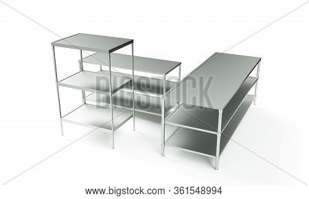 3d Rendering Of Empty Metal Rack Shelves Isolated On White Background. Industrial Warehouses. Packag