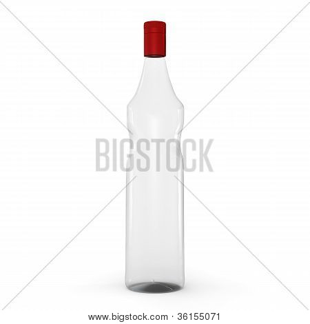 Bouteille en verre 3D isolé sur fond blanc. Vu de face, blanc pour l'étiquette.