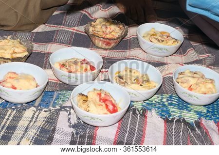 Custard With Jelly Pieces In Cups. A Traditional Delicious Dessert Made With Custard ,jelly And Dry 