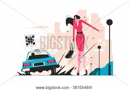 Taxi Car Splattering Woman Vector Illustration. Vehicle